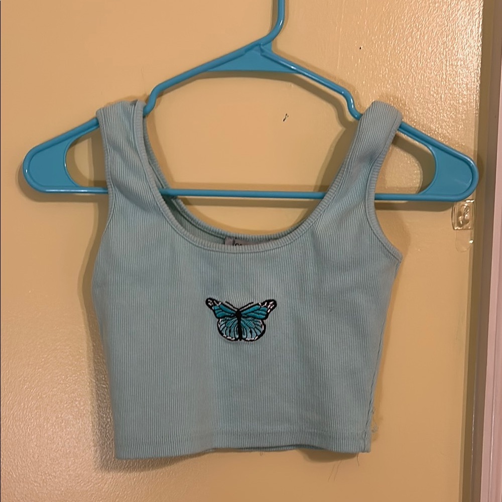 Blue Ribbed Tank Top with Butterfly Embroidery